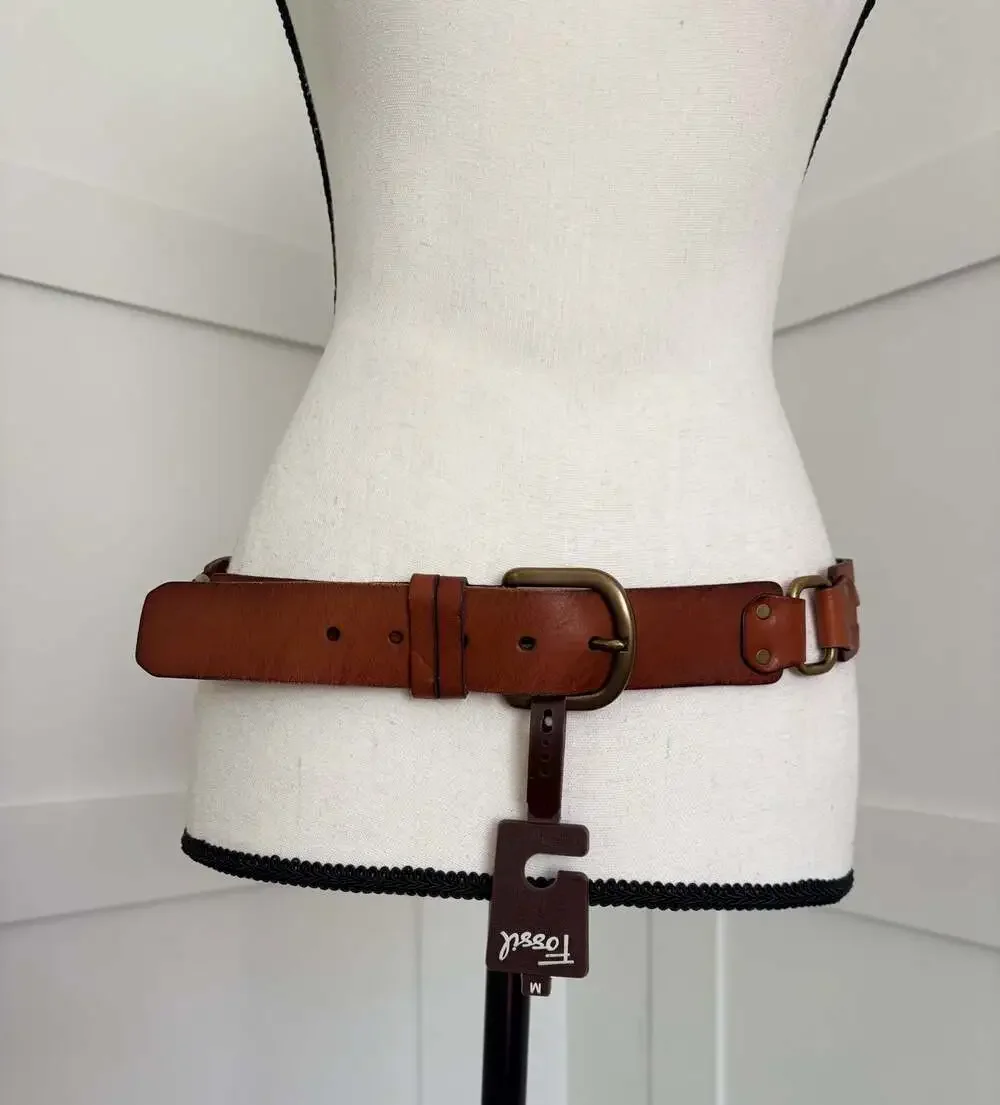 Fossil Women's Tan Leather Belt with Brass Hardware/ Cutout Detail, Size M. NWT